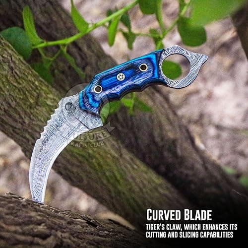 VULTURE CRAFTS CLUB, Damascus steel Handmade Knife, Survival claw Tactical teeth Knife Double edged sharp, Fixed Blade Knife With Sheath, Curved knife thumbnail 9
