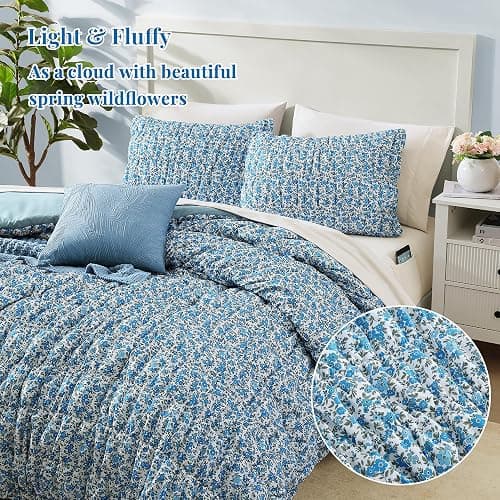BLOOMHAVEN Queen Comforter Set - 7 Pieces Blue Classic Puff Floral Bedding Sets for All Seasons, Shabby Chic Farmhouse Bed in a Bag Queen with Wildflowers Fluffy Comforter, Sheets, Pillowcases & Shams thumbnail 7