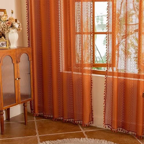 Sutuo Home Terracotta Boho Lace Curtains 2 Panels 84 Inches Long for Living Room&Bedroom, Burnt Orange Crochet Privacy Farmhouse Vintage Tassels Retro Halloween Window Sheer Curtains Rod Pocket,50" W thumbnail 9
