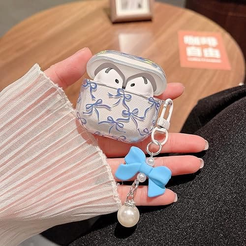 MINSCOSE for AirPods 4 Clear Case,Cute Ribbon Bow Pettern Design with Lovely Bow Pearl Keychain,Soft TPU Protective Shockproof Case for Girls Women for Airpods 4-Dark Blue thumbnail 4