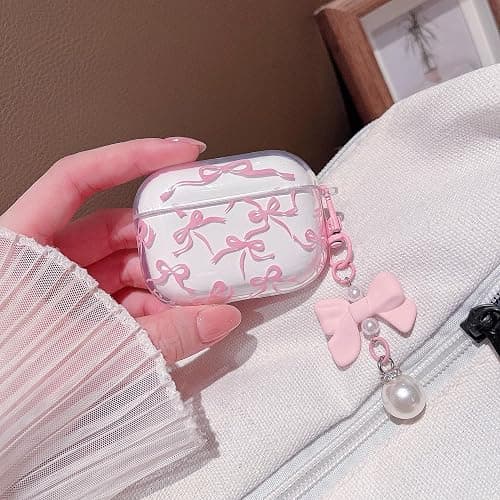 MINSCOSE Compatible with AirPods Pro 3rd Generation Case (2025) with Cleaner Kit,Cute Ribbon Bow Pretty Aesthetic Design with Bow Pearl Keychain,for Girls Women for AirPods Pro 3-Pink thumbnail 3