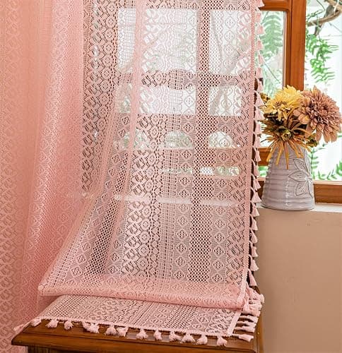Sutuo Home Light Pink Boho Curtains 84 inches Long for Girls Bedroom Living Room,Lace Sheer Window Curtains Crochet Macrame Bohemian Valentine Farmhouse Vintage Tassels Rod Pocket,2 Panels 50" W thumbnail 9
