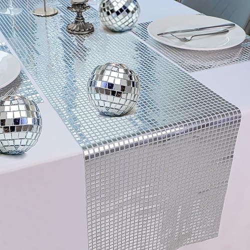 Snowkingdom 13 x 72 Inches Glitter Disco Party Table Runner Mirror Silver Runner Retro 70s 80s Theme Disco Ball Table Decorations Birthday Bachelorette Dance Party Supplies thumbnail 7