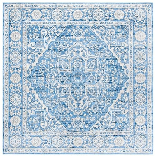 SAFAVIEH Brentwood Collection Area Rug - 8' Square, Ivory & Navy, Medallion Distressed Design, Non-Shedding & Easy Care, Ideal for High Traffic Areas in Living Room, Bedroom (BNT832A) thumbnail 3