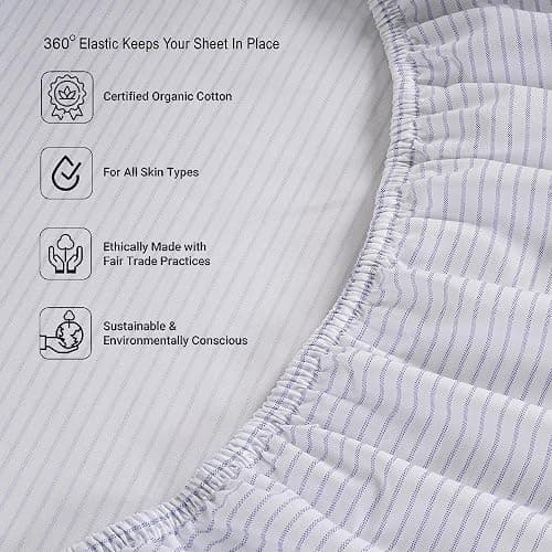 LANE LINEN Twin XL Fitted Sheet, 100% Organic Cotton 2-Piece Set (1 Fitted Sheet, 1 Pillowcase), Percale Weave, Bottom Sheet, Breathable, Fits Mattress Upto 15" Deep - Ticking Stripe (No Flat Sheet) thumbnail 5