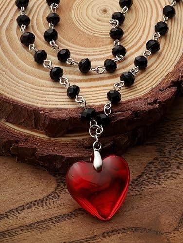 Sacina Goth Y2k Red Heart Necklace, Layered Black Beaded Heart Choker, Gothic Emo Grunge Y2k Necklace, Valentine Gift, Halloween Christmas Jewelry Gift For Women thumbnail 6