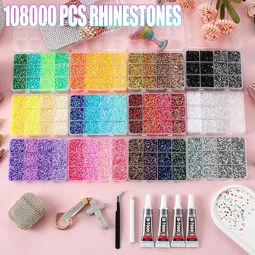 LERBOU 108000Pcs Bedazzling Kit for 12 Colors Rhinestones with 4 Shades Each - 12 Box Diamond Art, 3mm Flatback Gems with 4×10ml B7000 Jewelry Glue & Tools, Perfect for Nail Art, Crafting, Clothing thumbnail 3