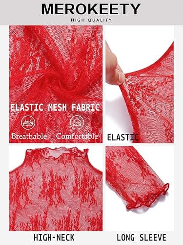 MEROKEETY Womens 2025 Mesh Sheer Lace Long Sleeve Top Sexy Y2k Mock Neck See Through Shirt Blouses thumbnail 4