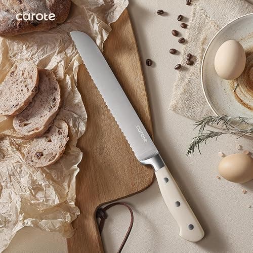 CAROTE 14 Pieces Knife Set with Block, Forged, High Carbon Stainless Steel Sharp Blade Block Knife Set, Dishwasher Safe Cutlery, Cream thumbnail 8