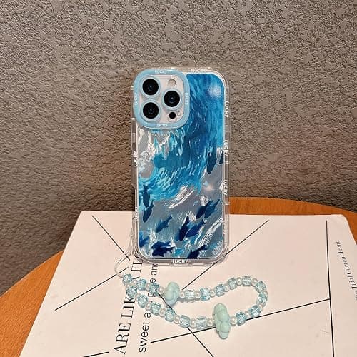 Pretaco for iPhone 14 Plus Case, Blue Dolphin Pattern Design,Glitter Sparkling Laser Case,2-in-1 with Beaded Wrist Strap,Soft TPU Frame, Shockproof and Anti-Shock, Suitable for Women & Girls thumbnail 6