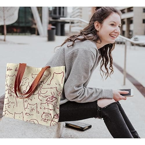  ★ Cute Tote Bag for Women with Zipper, Funny Purse with Cats Dogs Large Canvas Shoulder Bag Handbag thumbnail 7