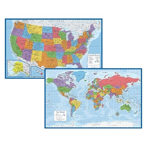Laminated World Map & US Map Poster Set - 18" x 29" - Wall Chart Maps of the World & United States - Made in the USA - (LAMINATED, 18" x 29") - Image 1