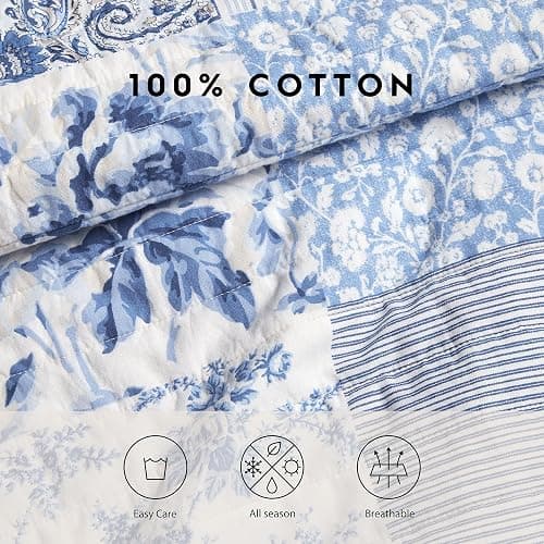 Laura Ashley - Queen Quilt Set, Soft & Reversible Cotton Floral Bedding with a Medium Weight Feel, 3 Piece Bed Set with Matching Pillowcases (Paisley Printed Patchwork Blue) thumbnail 8
