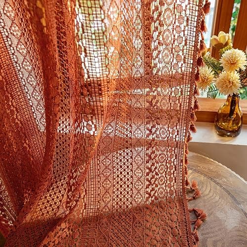 WAZZIO Burnt Orange Curtains Sheer 45 Inch Length Bedroom Short Small Cafe Rod Pocket Vintage Fall Privacy Let Light in Cotton Lace Boho 2 Panel, Terracotta - Image 1