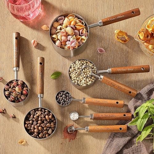 8PCS Measuring Cups, DAJLFA Stainless Steel Measuring Cups and Spoons Set with Ergonomic Wooden Handle for Cooking & Baking thumbnail 6