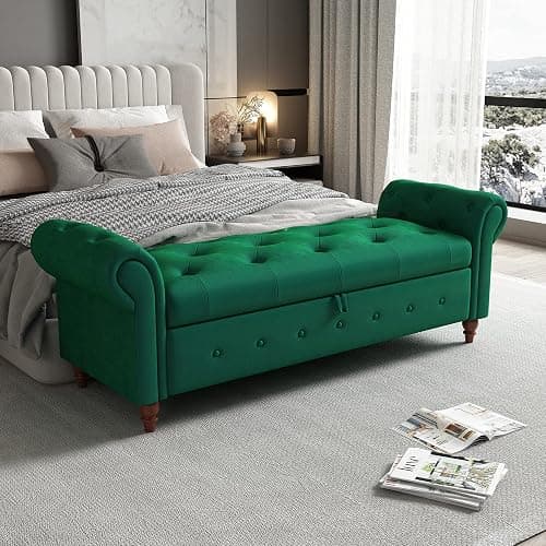 SOFTSEA 63'' Button Tufted Storage Ottoman Bench for Bedroom, Fabric Upholstered Footrest with Rolled Arms for Entryway, Living Room (Dark Green) - Image 1