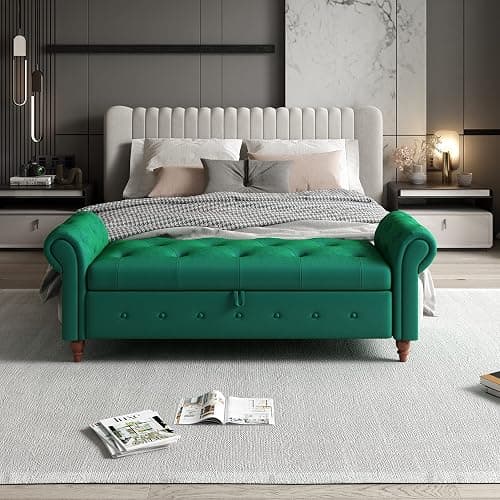 SOFTSEA 63'' Button Tufted Storage Ottoman Bench for Bedroom, Fabric Upholstered Footrest with Rolled Arms for Entryway, Living Room (Dark Green) thumbnail 4