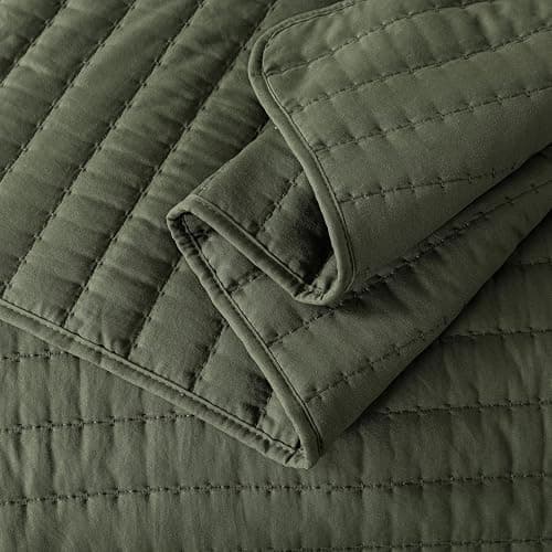 ROARINGWILD Olive Green King Size Quilt Set, Striped Pick Stitch Lightweight Bedspread, Soft Channel Farmhouse Rustic Coverlet, Spring Summer Thin Comforter, Country Bedding, 104x90 inches thumbnail 6