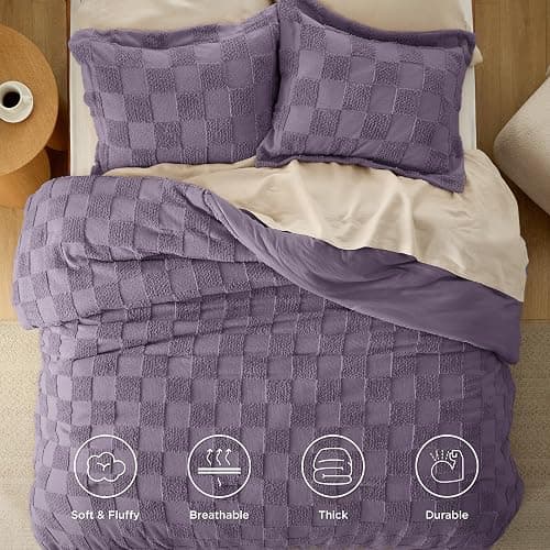 Bedsure Queen Size Comforter Set Grayish Purple, Boho Tufted Bed Set, Checkered Farmhouse-Style Distressed Vintage Bedding, 3 Pieces, 1 Plaid Geometric Comforter and 2 Pillow Shams thumbnail 4