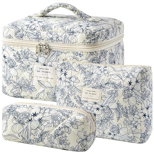 HBselect Quilted Makeup Bag, 3PCS Cotton Large Travel Makeup Bag, Cute Floral Coquette Make up Bag Cosmetic Bag Toiletry Bag for Women Girls - Image 1