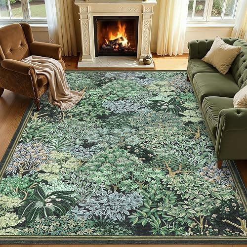 GarveeHome Forest Rugs 6x9, Blue Green Washable Area Rug for Living Room, Botanical Low Pile Non Slip Stain Resistance Woodland Area Rug for Farmhouse, Bedroom, Dining Room thumbnail 3