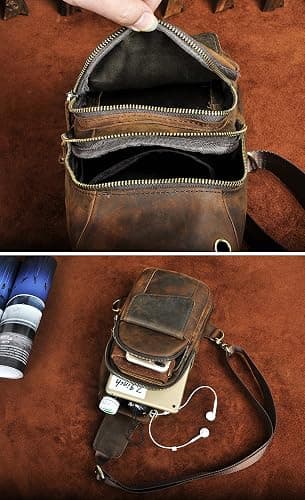 Le'aokuu Men Outdoor Casual Travel Hiking Tea Crossbody Chest Sling Bag Rig One Shoulder Strap Bag Backpack Men Leather thumbnail 5