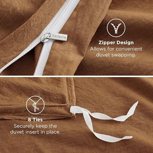 Bedsure 100% Washed Cotton Duvet Cover Queen Size - Brown Minimalist Cotton Duvet Cover Linen Like for All Seasons - GentleSoft™ Plain Simple Bedding, 3 Pieces (Brown, Queen, 90"x90") - Queen (90" x 90") - 06 - Argan Oil (No Comforter) thumbnail 7