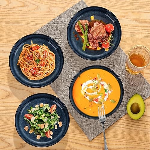 Herogo Stoneware Pasta Bowls Set of 4, Large Wide Shallow 37oz Plates and Serving Bowls Sets for Salad Soup Cereal, Microwave & Dishwasher Safe, Starry Blue - Starry Blue - Nature Series thumbnail 6