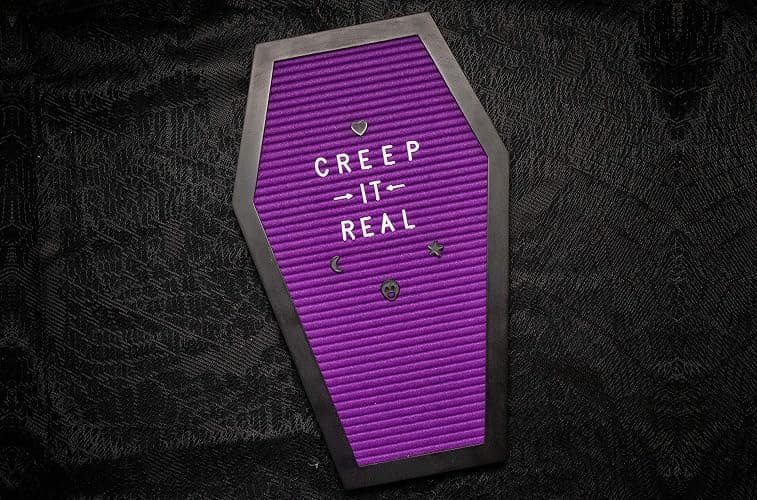 Nomnu Coffin Letter Board, Purple Goth Decor w/Bat Stickers, Spooky Emojis | Wood and Felt board 17x10.5 inches +650 characters 80+ spooky seasonal emojis, sawtooth hanger. Tabletop Stand thumbnail 7