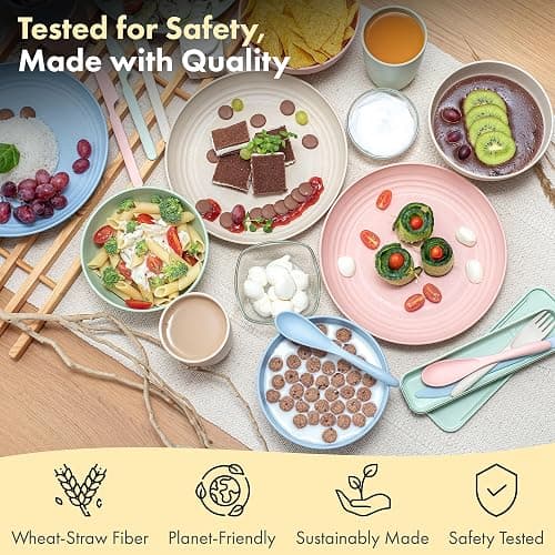 FOODLE Wheat Straw Dinnerware Set - BPA Free & Safety Tested - Dishwasher & Microwave Safe - Toddler & Kids Plates and Bowls Sets - Plastic Plates Reusable - Perfect for RV, Camping Dishes - For 4 thumbnail 4