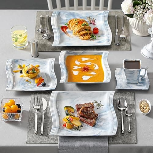 MALACASA Dinnerware Sets for 6, 30 Piece Porcelain Plates and Bowls Sets, Square Dish Set with Dinner Plate and Bowl, Cup and Saucer, Blue Dishes Dinnerware Set, Modern Dishware Sets, Series Flora thumbnail 2