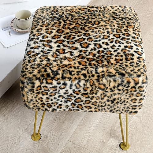 Warmaxx Leopard Print Square Ottoman 17"x17"x17" Faux Fur Entryway Bench Footrest Stool Accent Seating Cheetah Furry Ottoman Bedroom Vanity End of Bed for Bathroom Living Room Decor thumbnail 3