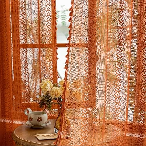 Sutuo Home Terracotta Boho Lace Curtains 2 Panels 84 Inches Long for Living Room&Bedroom, Burnt Orange Crochet Privacy Farmhouse Vintage Tassels Retro Halloween Window Sheer Curtains Rod Pocket,50" W - Image 1