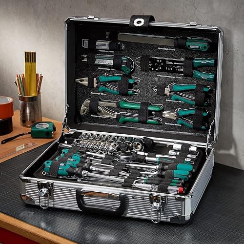 Brüder Mannesmann Werkzeugkoffer, 108-teilig, aus Aluminium - Werkzeugsatz mit Schraubendrehern, Zangen, Bitsatz, Steckschlüsselsatz, Hammer und mehr - Werkzeug aus Chrom-Vanadium-Stahl | M29075 thumbnail 2