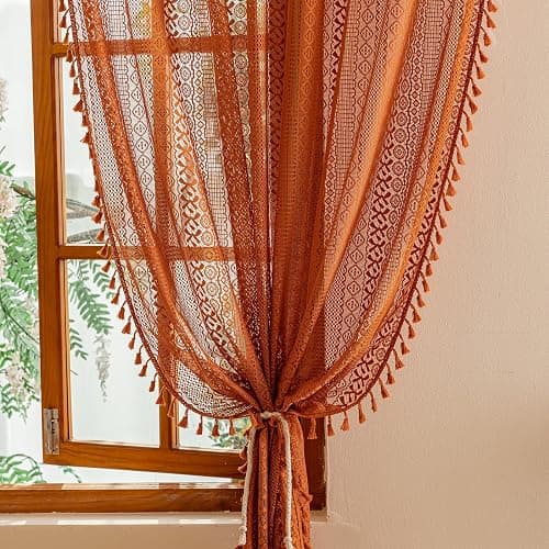 Sutuo Home Terracotta Boho Lace Curtains 2 Panels 84 Inches Long for Living Room&Bedroom, Burnt Orange Crochet Privacy Farmhouse Vintage Tassels Retro Halloween Window Sheer Curtains Rod Pocket,50" W thumbnail 8