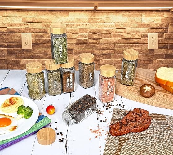 Set of 24 Glass Spice Jars with Various Labels, Bamboo Shaker Lids & Funnel, Kitchen Storage Jars with Airtight Lid, Spices & Seasonings Sets Organizer, Spice Containers, Glass Jar Food Canister thumbnail 8