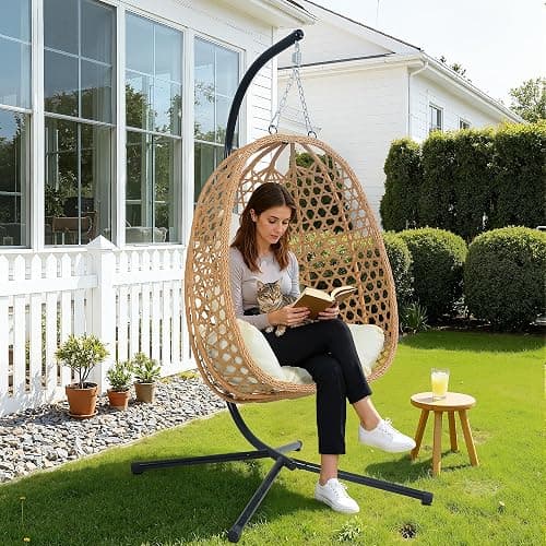 EortheX Hanging Egg Chair with Cushions – Comfortable Rattan Swing Chair with Stand for Patio, Garden, or Balcony – Stylish and Relaxing Outdoor Lounge Chair, 350LBS Capacity Indoor Outdoor (Beige) - Image 1