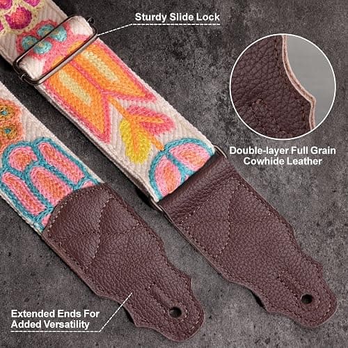 YIKOKO Guitar Strap 2", Soft Woolen Knit, Cowhide Leather End, for Acoustic and Bass Electric Guitars, Free Button, 2 Strap Locks and 4 Guitar Picks thumbnail 2