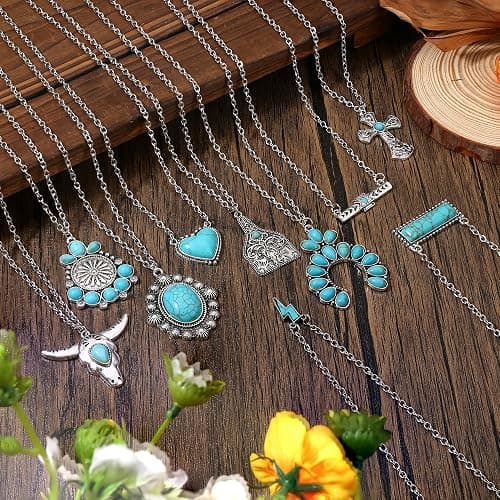 FUNRUN JEWELRY 10Pcs Western Necklaces for Women Turquoise Necklace Cow Tag Lightning Bolt Horseshoe Bar Turquoise Pendant Necklace Cowgirl Boho Western Jewelry Set thumbnail 6