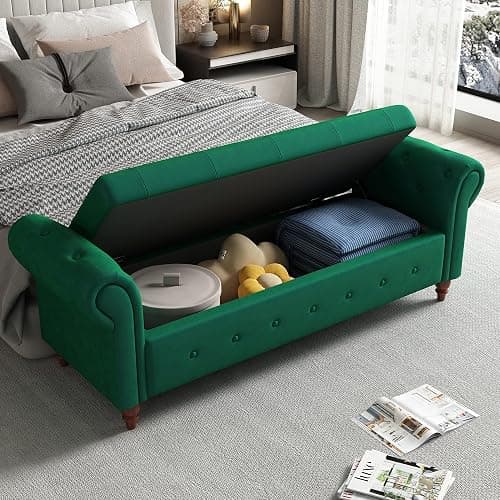 SOFTSEA 63'' Button Tufted Storage Ottoman Bench for Bedroom, Fabric Upholstered Footrest with Rolled Arms for Entryway, Living Room (Dark Green) thumbnail 3