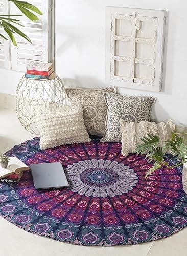 Popular Handicrafts Round Tapestry with Tassel Wall Hanging Ombre Hippie Mandala Bohemian Hippy Intricate Indian Tapestries Tablecloth 70 Inches,(178cm) Blue Multi thumbnail 5