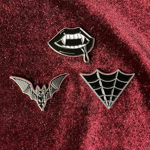 Goth Enamel Pin Set Chrome Fashion Aesthetic Bat Spider Web Fangs 3 Pack thumbnail 5