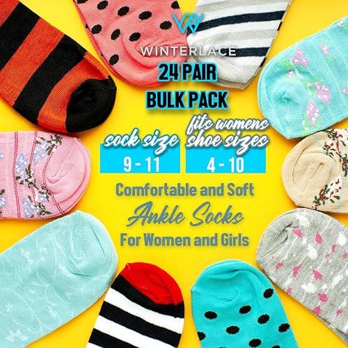 Winterlace 24 Pairs Ankle Socks for Women & Girls Bulk Pack, Fun Cute Low Cut No Show, Colorful Soft thumbnail 2