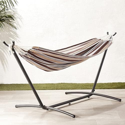 Amazon Basics Double Hammock with 9-Foot Space Saving Steel Stand and Carrying Case, 450 lb Capacity, Cream Wave, 110x47x43 inches thumbnail 2