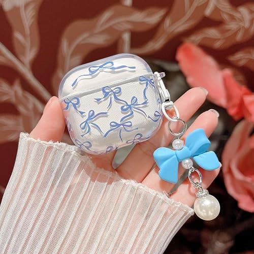 MINSCOSE for AirPods 4 Clear Case,Cute Ribbon Bow Pettern Design with Lovely Bow Pearl Keychain,Soft TPU Protective Shockproof Case for Girls Women for Airpods 4-Dark Blue thumbnail 2