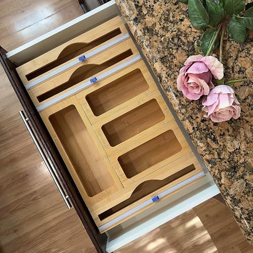 Incredinest Bamboo Drawer Organizer Bag Holder – Modular Design Zip Lock Bag Organizer Plastic Wrap Dispenser with Cutter – Baggie Organizer for Drawer with Single and Double Wrap Dispenser thumbnail 5