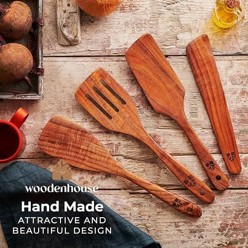 Wooden Spatula for Cooking, Teak Spatulas for Kitchen Use - Wooden Cooking Utensils Set of 4 including Paddle, Turner, Slotted Spurtle and Wood Scraper. Nonstick cookware, Kitchen Gifts for Women Men thumbnail 2