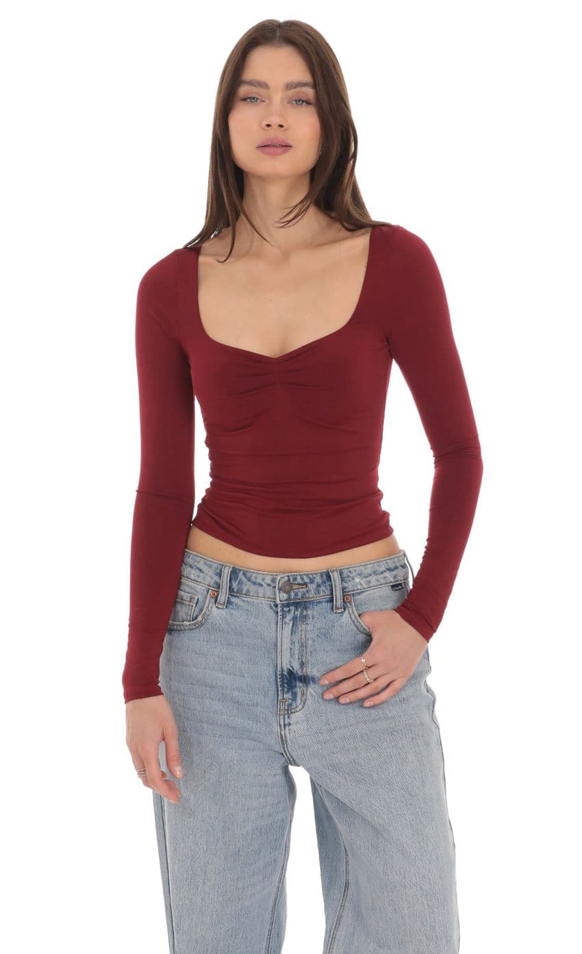 Fitted Long Sleeve Top in Maroon | LUCY IN THE SKY - Image 1