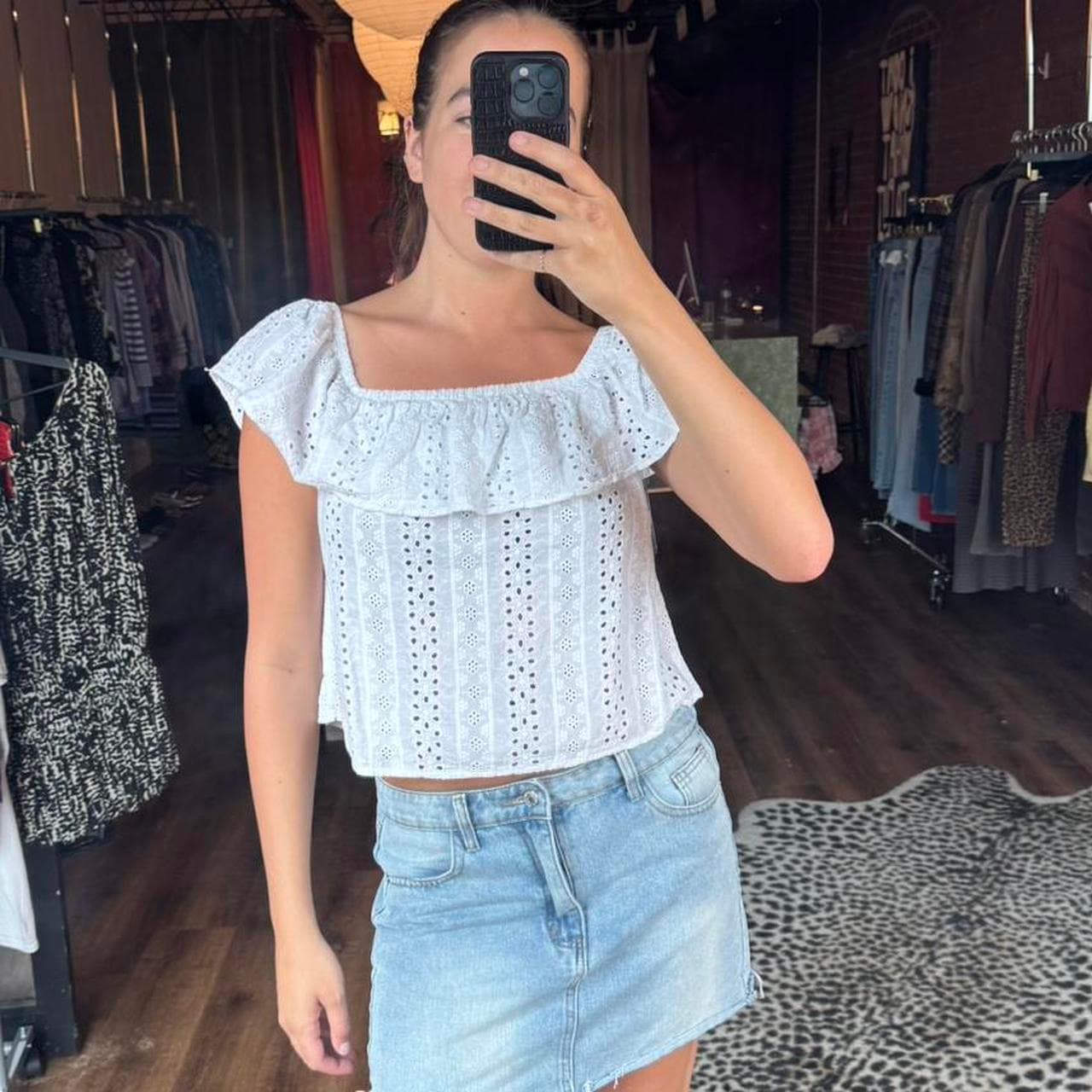 White eyelet ruffle off the shoulder top or square... - Image 1