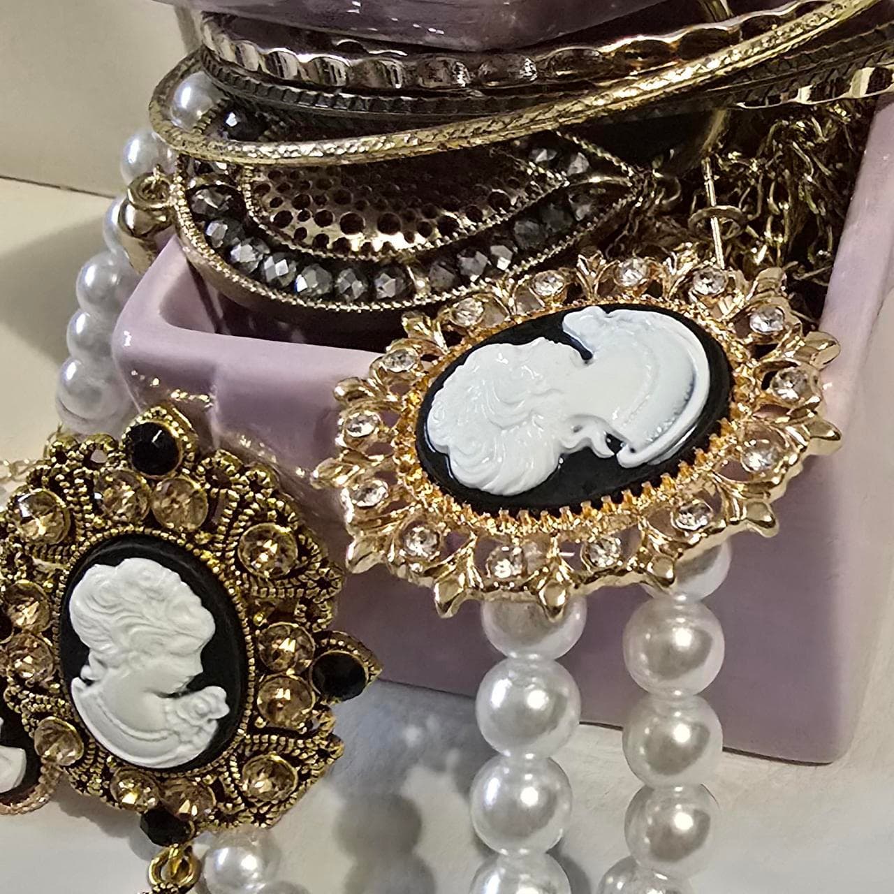 Gold tone cameo brooch or pendant with black cameo... thumbnail 2